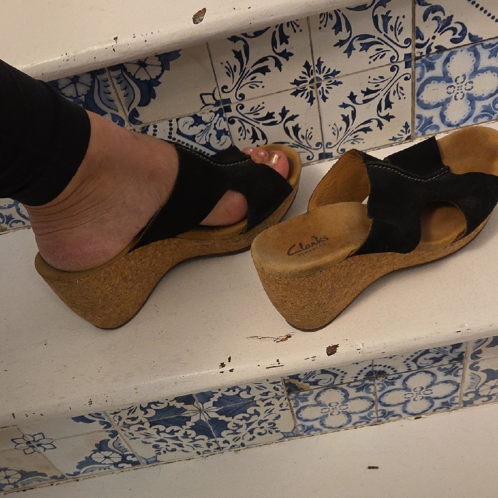 Clarks Black Suede Cork Mules